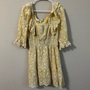 Shabby Chic Dress Yellow & White Floral Eyelet Long Sleeve With Ruffles Retro